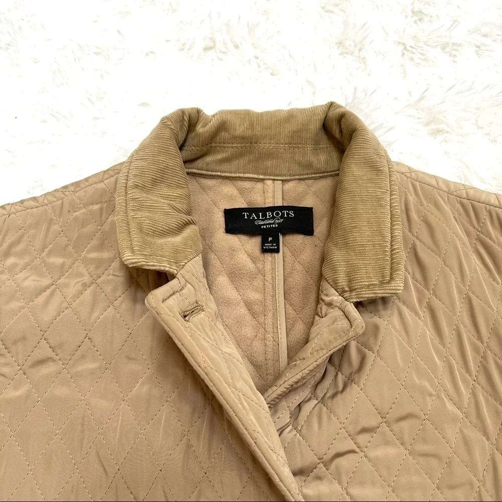 Talbots Diamond Quilted Fleece Lined Tan Vest Corduroy Detail Size, Petite Small